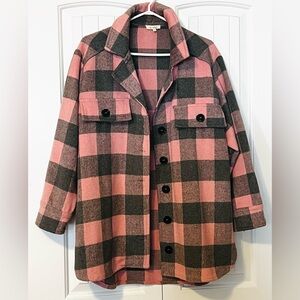 La Miel Women's Large flannel shacket plaid pink oversize cottagecore fleece